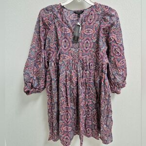Banana Republic Paisley Tie Neck Mini Dress 100 Cotton XS NWT